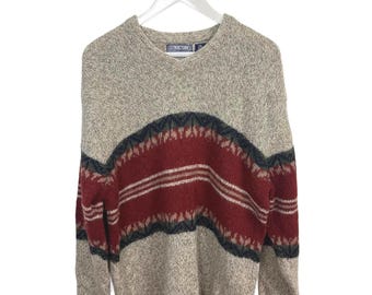 Vintage 90s Structure Red Grey V-Neck Wool Sweater Fair Isle Pattern Nordic XL