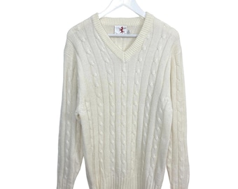 Vintage White Readers Men's Sweater Cream Cable Knit V-Neck Large