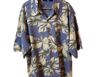 Vintage Silk Shirt - Floral - Lavender - Hawaiian - White Flowers  -Relaxed Collar - XL