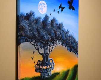 Taking Flight/fantasy tree painting/surreal dreamscape/original acrylic butterfly moon and sunset design painted by David Judd