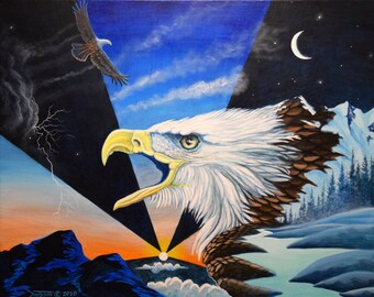 Original Acrylic Painting, Nature Eagle art, Fantasy hawk bright colors, Bird of prey in landscape screeching with sunset art by David Judd