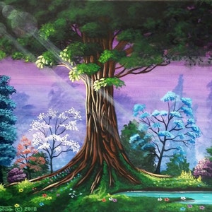 Pintura acrílica original, arte de fantasía árboles multicolores, escena de bosque pintado, roble pintado púrpura y verde sobre lienzo por David Judd