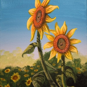 Kansas sunflowers/floral art/original acrylic painting/orange - blue painting/country style art/rustic decor/sunflower field/painted flowers
