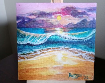 Sonnenuntergang Strandwelle/Original Acrylbild/Fantasie Meereslandschaft/Meereslandschaft Spiegelung in den Wellen und Sand gemalt von David Judd