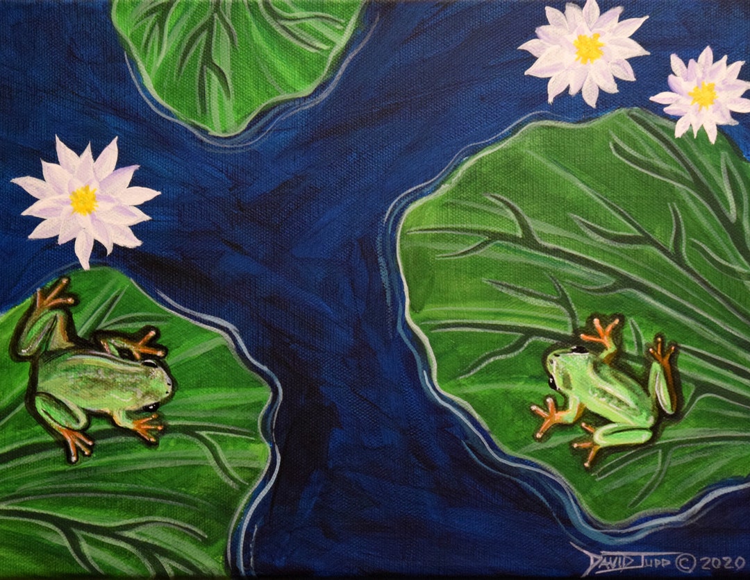 Frogs and Lillies/green Frogs/lillypads in Pond/frog Painting/amphibian