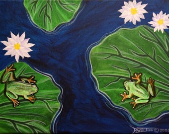 Frösche und Lilien/grüne Frösche/Lillypads im Teich/Froschmalerei/Amphibienkunst/Lillypad Blumen/Originaltiere Kunst/Froschdekor