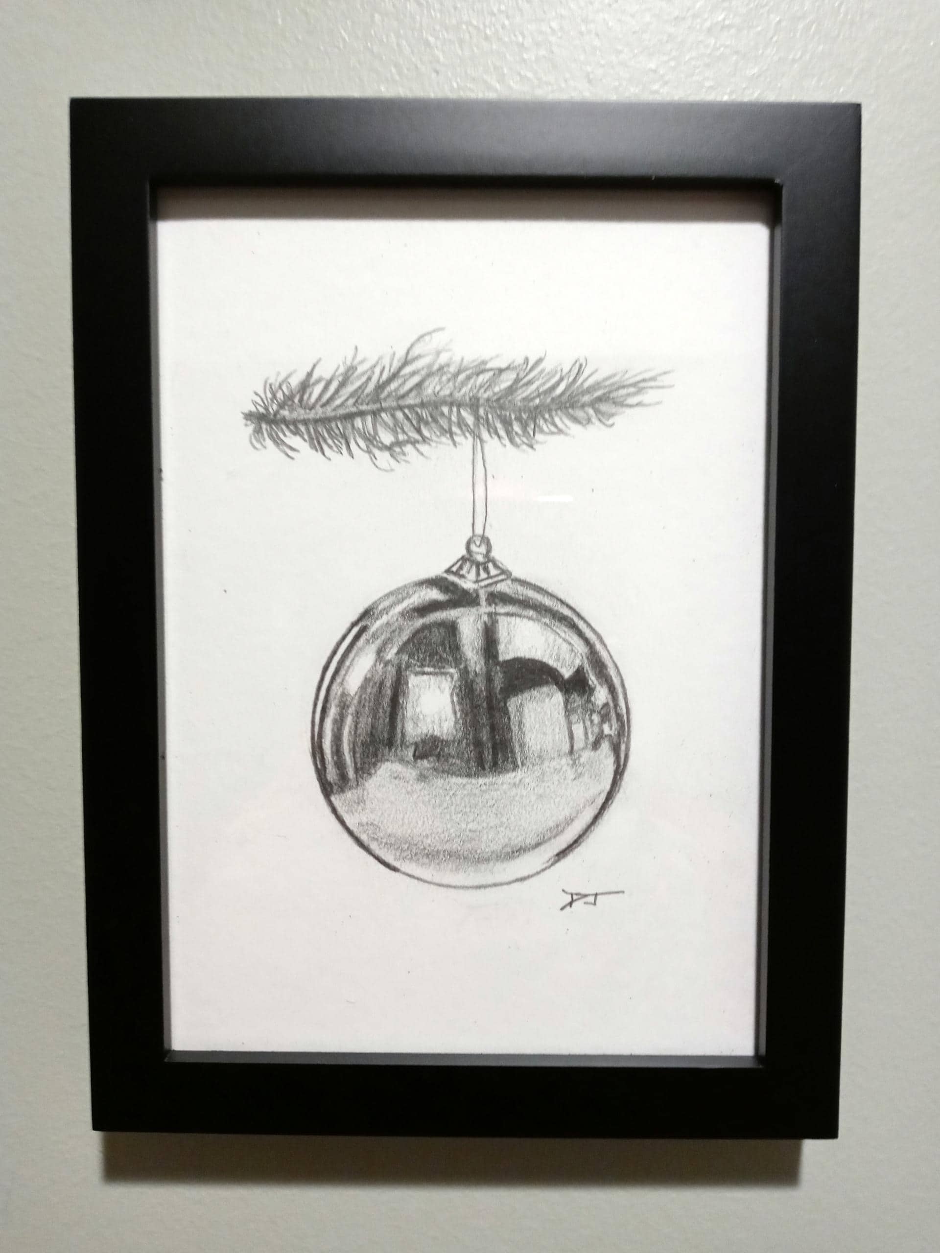 Christmas bulb pencil drawing/sketch x-mas décor/holiday wall-hanging/seasonal branch hanging sphere graphite rendering by David Judd
