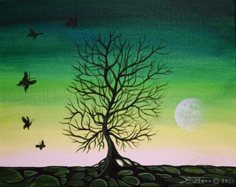 original acrylic painting, fantasy forest scene, green surreal moon -  whimsical tree butterflies, colorful monochromatic tree by david judd