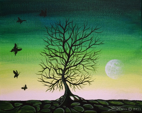 Original Acrylic Painting, Fantasy Forest Scene, Green Surreal Moon  Whimsical Tree Butterflies, Colorful Monochromatic Tree by David Judd -  Etsy Australia
