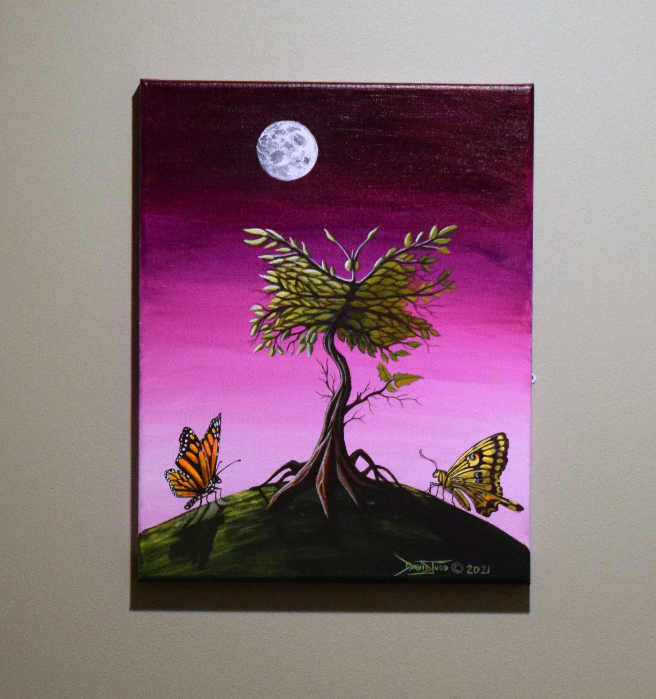 Butterfly Tree/original Acrylic Painting/surreal Full Moon Monarch