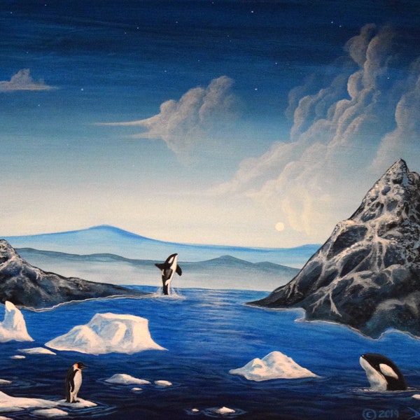 notte artica/dipinto acrilico originale/arte del Polo Nord/iceberg e oceano/arte blu gelata/dipinto di montagne innevate/scena di neve notturna