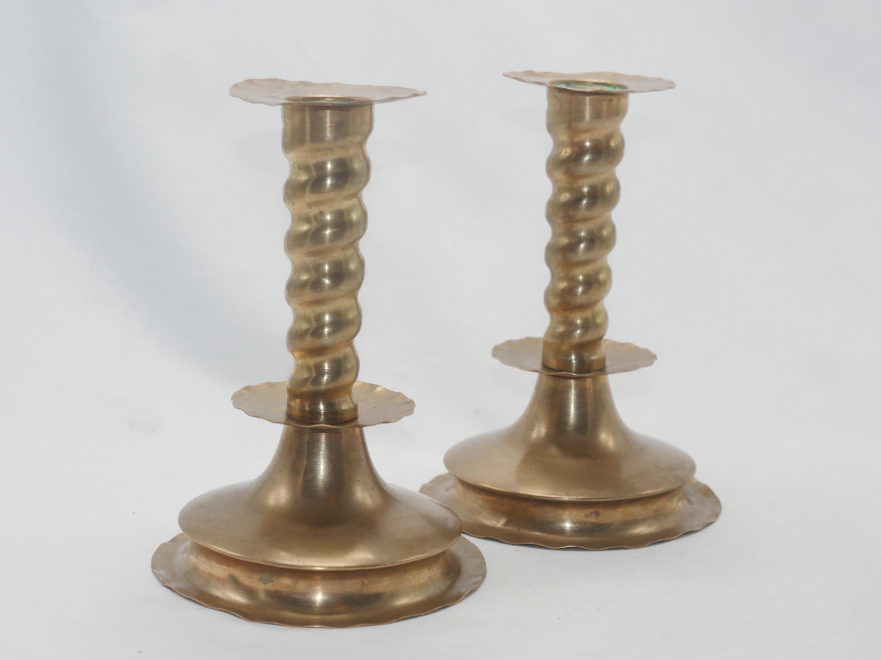 Vintage Swedish Brass Candle Holders, Waved Stem Set, Nr 959