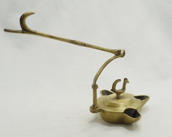 Antique solid brass hanging French lamp case with 3 holes bird on top - primitive lightning - Betty lamp