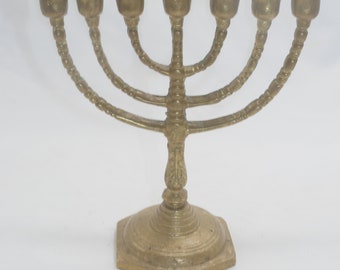 vintage brass Menorah candle holder Judaica Jewish 7 arms religious yellow metal