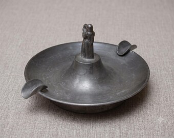 Vintage Heavy Pewter Ashtray, Mother and Child Figurine Topper, Holland or Germany, lot nr 635
