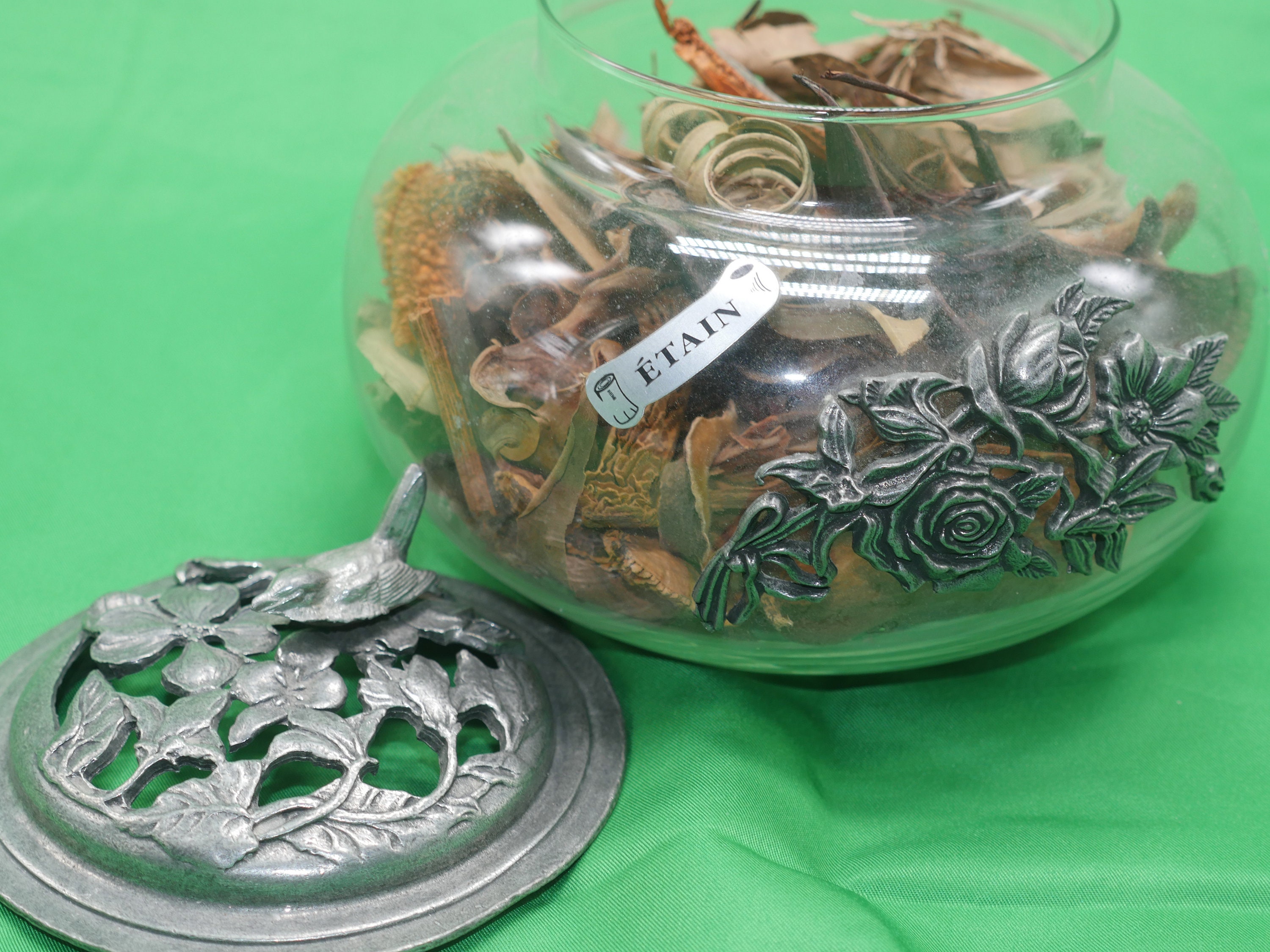 Vintage French Glass Bowl With Pewter Bird & Floral Lid, Nr 895 - Etsy