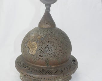 Antique Islamic Pierced Brass Dome, Middle Eastern Crescent Moon & Star Finial, Ajouré Metalwork Lantern Part