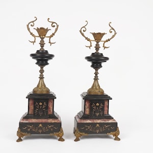 Antique French Napoleon III Garniture candleholders, Black & Rouge Marble Urns with Gilt Bronze Mounts, Neo-Grec Style, Circa 1880, 646 image 1