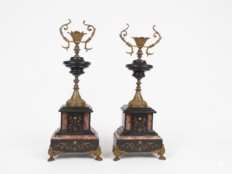 Antique French Napoleon III Garniture candleholders, Black & Rouge Marble Urns with Gilt Bronze Mounts, Neo-Grec Style, Circa 1880, 646 image 1