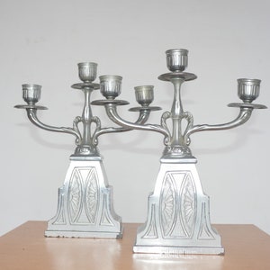 lot nr 352 old vintage antique art Deco or Nouveau made in Belgium Chrome lined pair 2 pcs candle holders triple JMPC brand
