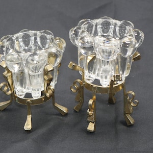 lot nr 39 vintage small glass 2 pcs set pair of branded tagged Reims made in France candle holders with stands