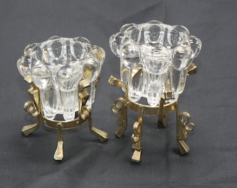 lot nr 39 vintage small glass 2 pcs set pair of branded tagged Reims made in France candle holders with stands