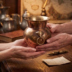 Op de afbeelding: Een vat van gepolijst messing met een brede, uitlopende rand en een afgerond lichaam. De houder is voorzien van twee decoratieve zijbevestigingen, elk met een cirkelvormige messing ringgreep. Het metalen oppervlak heeft een warme, gouden kleur.