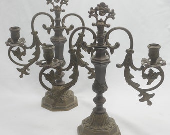 old vintage antique heavy patinated bronze pair 2 pcs set of candle holders Dutch 2 arms