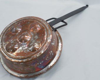 Antique Copper Æbleskiver Pan with Long Wrought Iron Handle,  19th Century Hearth Kitchen Decor, lot nr 563