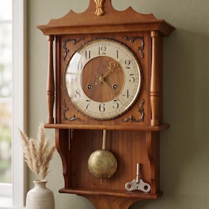 May include: A wooden wall clock with a circular face, black Arabic numerals, and ornate gold-toned hands. The clock features a central glass cover, a brass-coloured pendulum, and a metal winding key resting on the lower shelf of the wooden frame.
