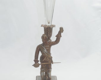 Vintage French Art Nouveau style Spelter Centerpiece With Glass Vase- soldier with sabre and tankard