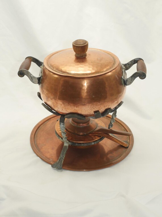 Caquelon à fondue en cuivre vintage avec support et fourchettes - France
