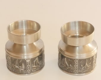 lot nr 285 vintage pewter made in Norway 2 pcs set pair candle holders Scandinavian tagged candlesticks Viking style sailboats