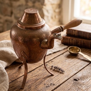 Antique Swedish Hand-Hammered Copper Tea Kettle on Warming Stand, Dalarna Crossed Arrows Mark, lot nr 206