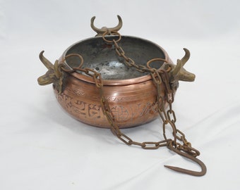 Vintage Handmade Bull Heads Engraved Turkish Copper Hanging Bowl Planter Decorative Bowl many Symbols