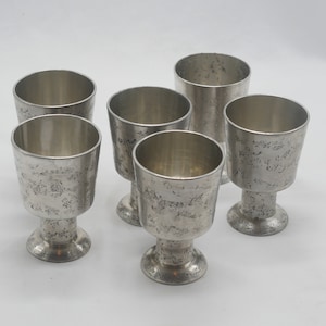 lot nr 251 Vintage Skurdal tin pewter tinn shots candle holders 6 drinks for whiskey or liqueur set changelings made in Norway Scandinavian