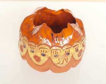 Vintage Glazed Lava Ceramic Bowl – Signed Face Mask Artwork, 1970s, lot nr 928