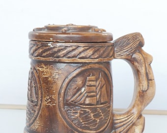 Vintage Ceramic Lidded Stein, Sailboat & Mermaid Design, lot nr 911