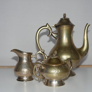 lot nr 414 old vintage antique brass with silver overlay traces 3 pcs tea set - creamer, sugar bowl and coffee pot