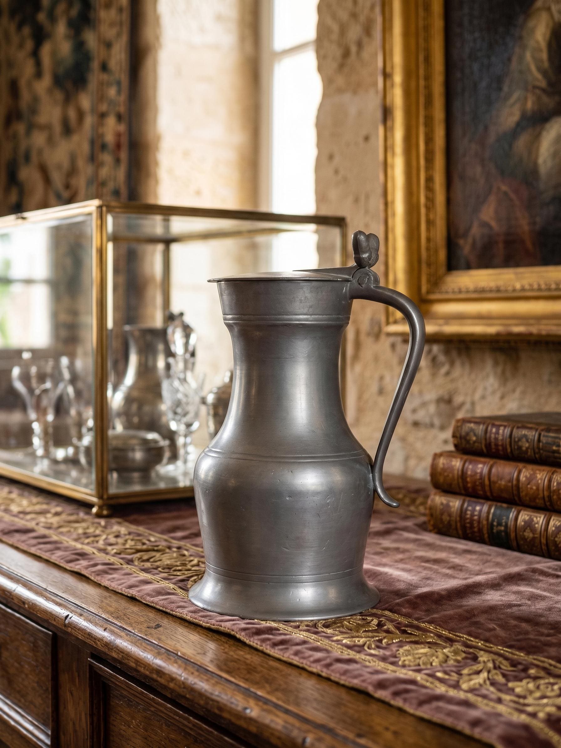 Vintage French Pewter Lidded Pitcher, Heavy Tin Jug With Acorn