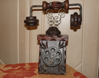 lot nr 615 old vintage telephone  like box wood and brass unique imitation creation folk art - wooden phone