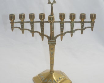 old vintage Hannukah 9 arms  Judaica Menorah brass candle holder - David star