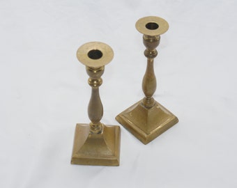 Vintage Solid Brass Candle Holders - Patinated Square Base Candlesticks (Pair), nr 561
