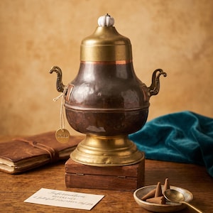 Op de afbeelding: Een metalen vat in vintage-stijl met een donker, gehamerd koperen lichaam, een koperen voet en een koperen deksel met een witte, gegroefde knop. Het vat heeft twee versierde koperen handvatten aan de zijkanten en een label met de tekst SOLD.