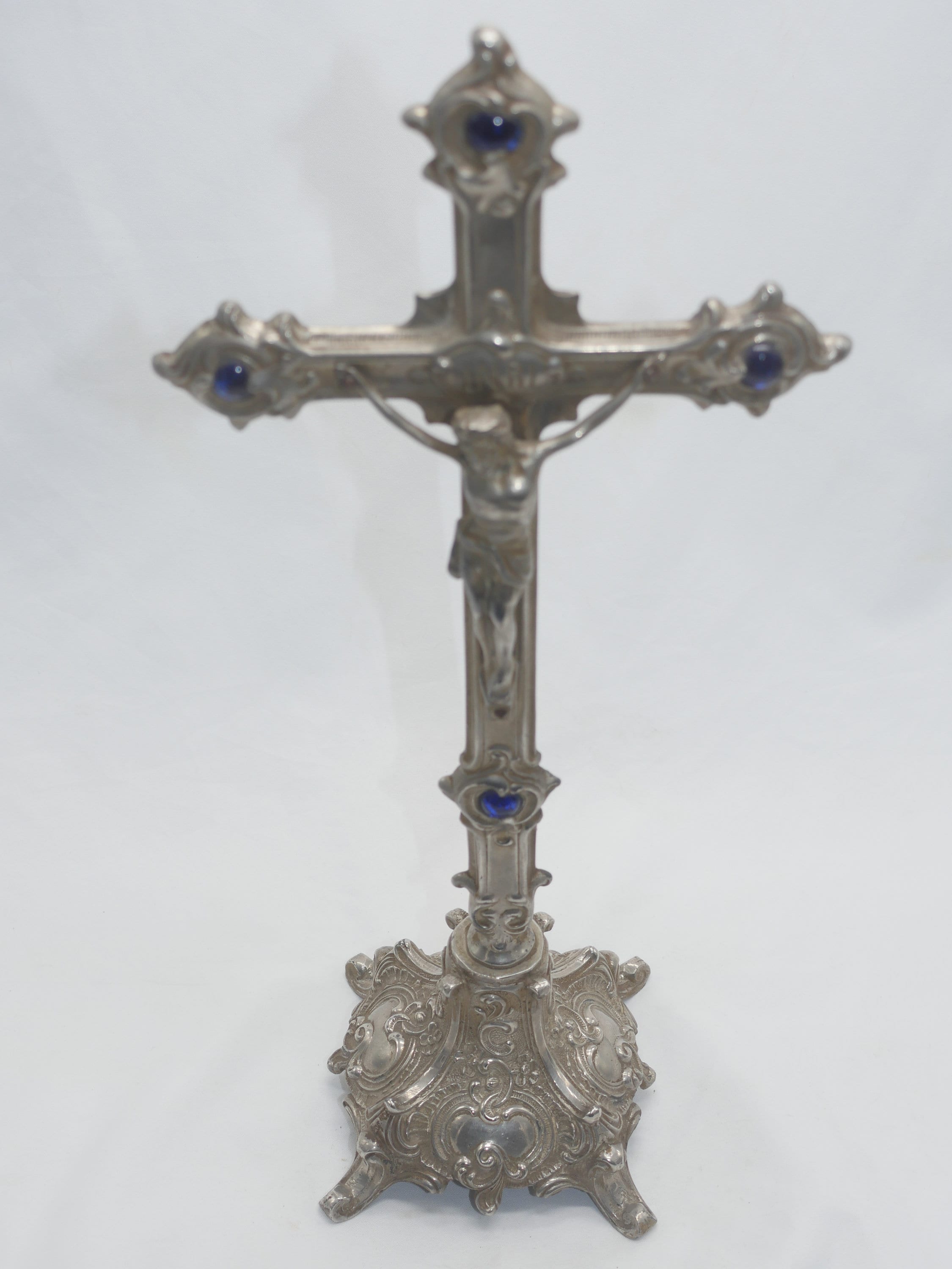Antique French Pewter Jeweled Crucifix With Blue Glass Inserts