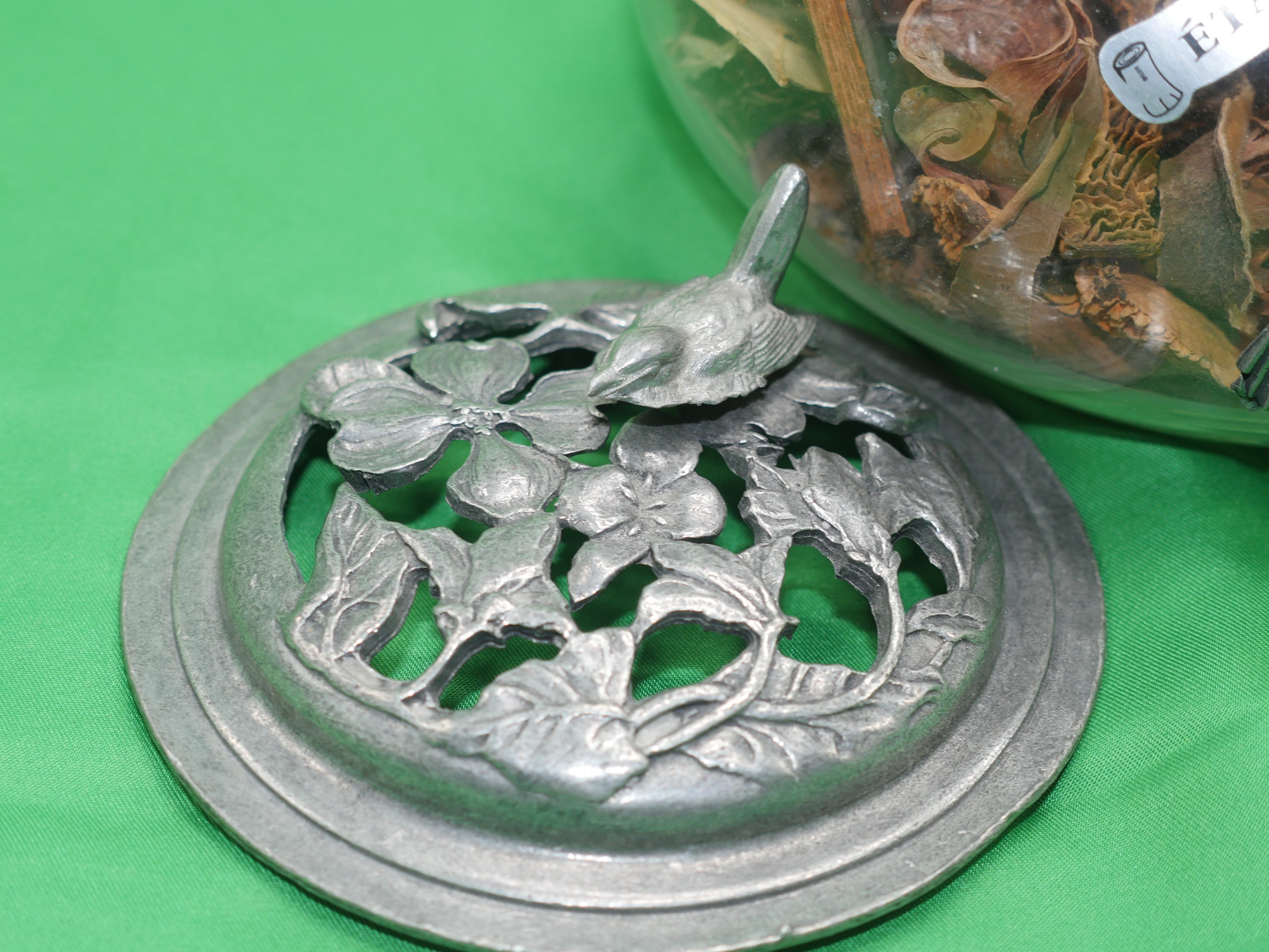 Vintage French Glass Bowl With Pewter Bird & Floral Lid, Nr 895 - Etsy