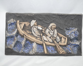 Vintage Motala Keramik Wall Plaque – Swedish Boat in Stormy Waters, lot nr 564