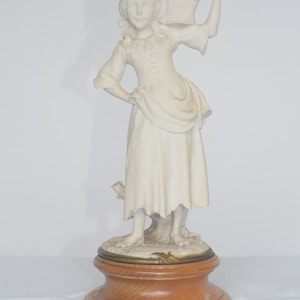 lot nr 246 vintage with wooden stand G. Armany white 1981 Florence collection statue of woman with fruits basket figurine