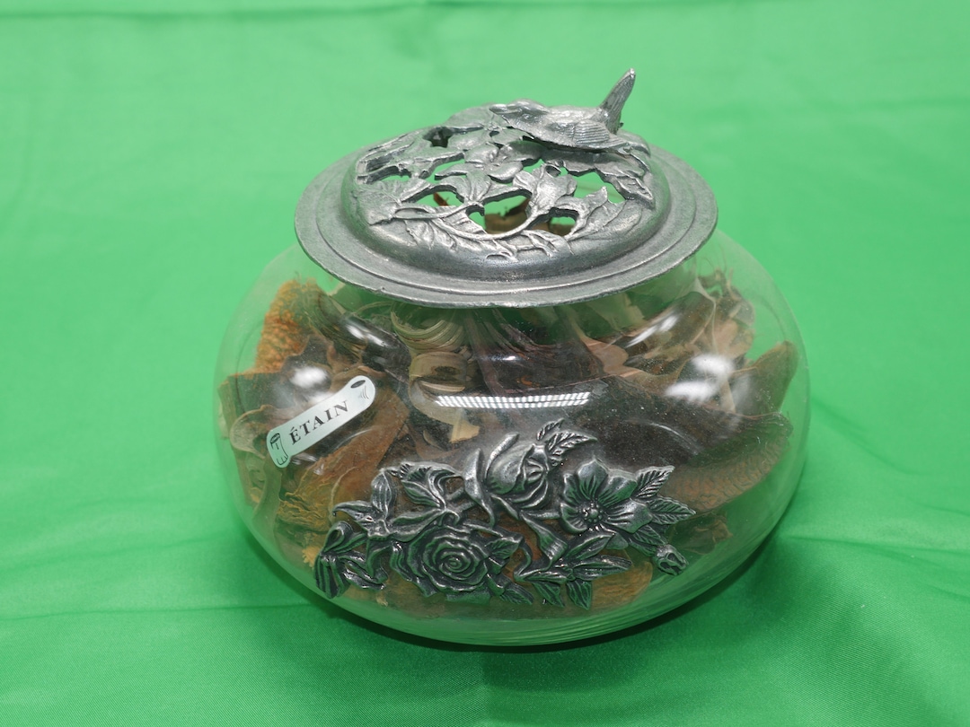 Vintage French Glass Bowl With Pewter Bird & Floral Lid, Nr 895 - Etsy