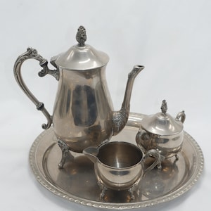 Lot ne 236 vintage chrome metal with silver overlay 4 pcs tea set - creamer, sugar bowl and coffee pot